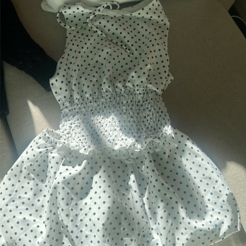 Polka Dot Smocked Waist Sundress - White with Black Dots